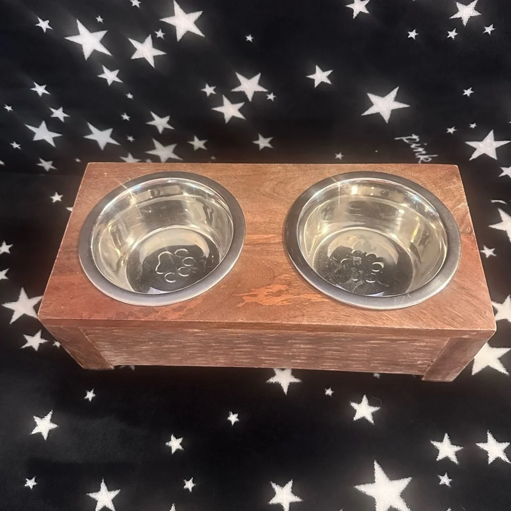 Wooden Double Pet Feeder with Stainless Steel Bowls